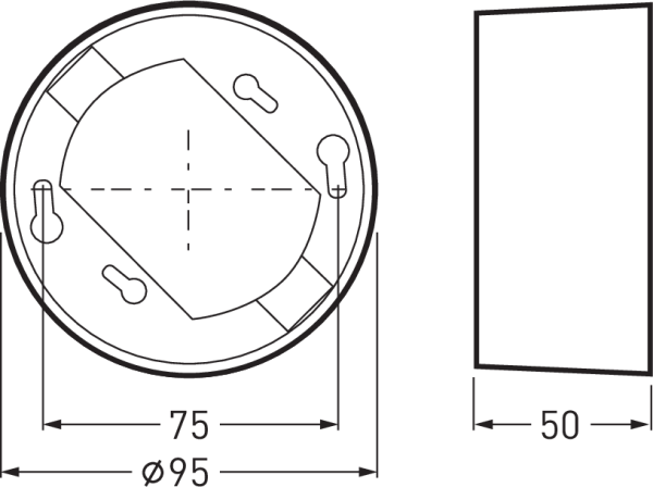 Teknisk ritning av rund nedsänkt armatur från PROLJUS AB, visar ytterdiameter Ø95 mm, monteringsbredd 75 mm och djup 50 mm, kompakt robust konstruktion med vridbara fästen och nyckelhålsinfästningar, energieffektiv LED-armatur lämpad för professionella installationer