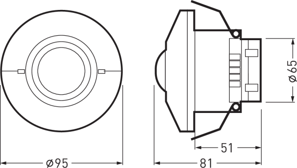 Ritningsvy av rund infälld LED-armatur från PROLJUS AB framifrån och i profil med mått Ø95 mm ytterdiameter Ø65 mm innerdiameter och djup 81 mm kompakt design med fjäderklämmor för enkel montering professionell kvalitet och energieffektiv lösning för butiker kontor och bostäder
