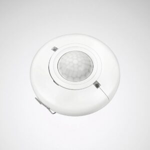 Vit rund infälld takarmatur med integrerad PIR-rörelsesensor och bikakemönstrad kupol, synliga monteringsfjädrar, energieffektiv och enkel att installera, idealisk för kontor och trapphus från PROLJUS AB