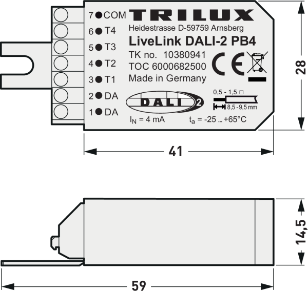 Kompakt DALI‑2 LiveLink PB4 styrmodul avsedd för belysningsarmaturer, visar terminaler för DA och T1–T4, märkning och mått, perfekt för integrering i armaturer och serieproduktion hos PROLJUS AB med enkel installation, hög kvalitet och utrymmesbesparande design