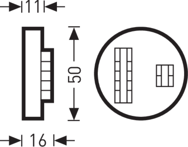 Teknisk skiss av rund infälld takarmatur från PROLJUS AB med två rektangulära LED‑moduler 50 mm höjd och infästningsmått 11 respektive 16 mm energieffektiv modern design idealisk för kontor och offentliga miljöer