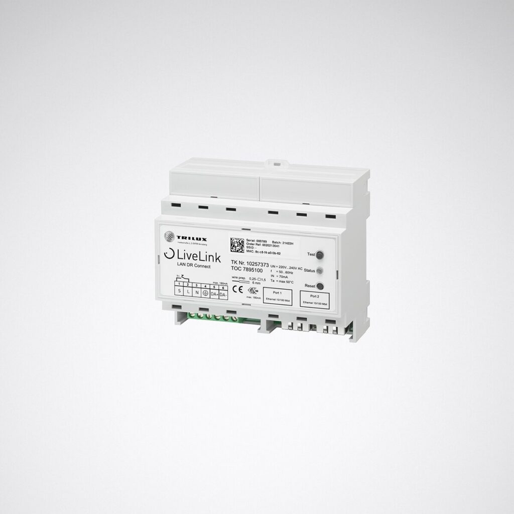 Vitt DIN-skenemodul för styrning av armaturer LiveLink LAN DR Connect, kompakt och lättinstallerad belysningskontroller som ger energieffektiv nätverksansluten ljusstyrning för professionella installationer från PROLJUS AB