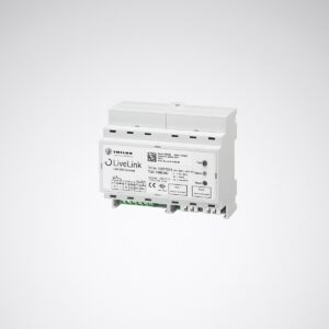 Vitt DIN-skenemodul för styrning av armaturer LiveLink LAN DR Connect, kompakt och lättinstallerad belysningskontroller som ger energieffektiv nätverksansluten ljusstyrning för professionella installationer från PROLJUS AB