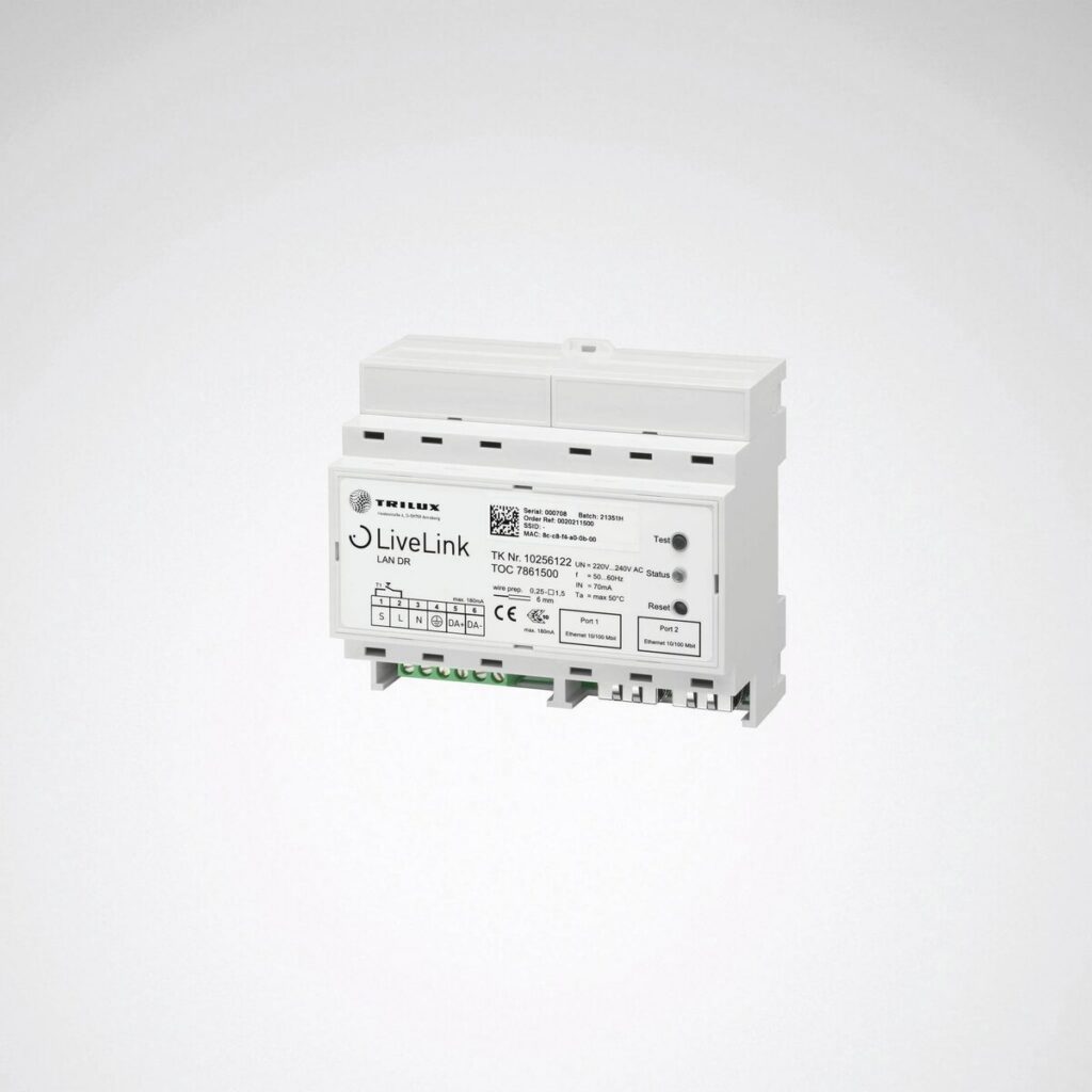 Vit DIN-skena LiveLink belysningsstyrenhet för armaturer med LAN och DA-anslutningar, kompakt och energieffektiv lösning för professionella installationer från PROLJUS AB