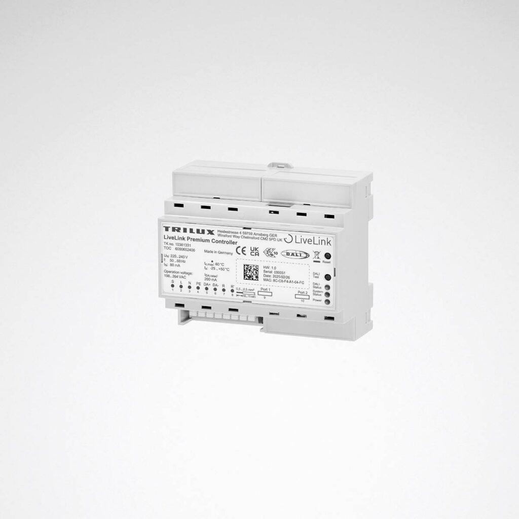 Vit kompakt DIN-skena LiveLink Premium belysningskontroller för styrning av LED-armaturer, DALI-kompatibel och energieffektiv lösning för professionell installation från PROLJUS AB