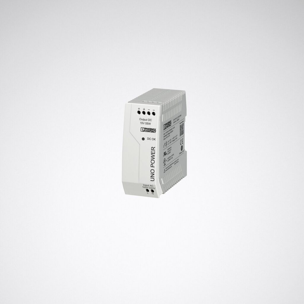 Vit kompakt DIN-skena strömförsörjning för armaturer, märkt Output DC 15V 55W, pålitlig och energieffektiv modul som kompletterar PROLJUS AB:s professionella belysningslösningar