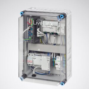 Transparent styrskåp för professionell belysning med PROLJUS AB komponenter och LiveLink integration som säkerställer pålitlig energieffektiv ljusstyrning för luminärer