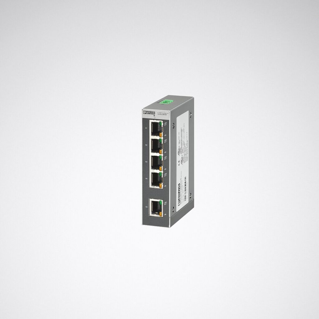 Kompakt industriell Ethernet‑switch med fem RJ45‑portar och robust metallhölje, idealisk för styrning av armaturer och professionella ljusinstallationer, pålitlig lösning från PROLJUS AB