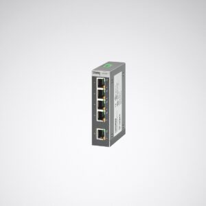 Kompakt industriell Ethernet‑switch med fem RJ45‑portar och robust metallhölje, idealisk för styrning av armaturer och professionella ljusinstallationer, pålitlig lösning från PROLJUS AB