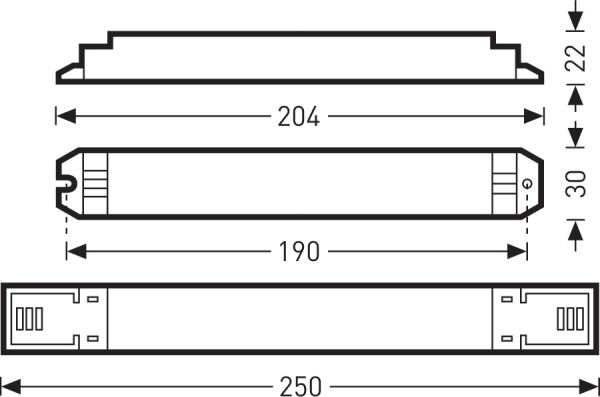 Teknisk ritning i tre vyer av en smal rektangulär LED-armatur med totallängd 250 mm, monteringslängd 190 mm, bredd 204 mm och höjder 22 respektive 30 mm, stilren energieffektiv design för kontor, kök och butik, enkel installation och professionell kvalitet från PROLJUS AB