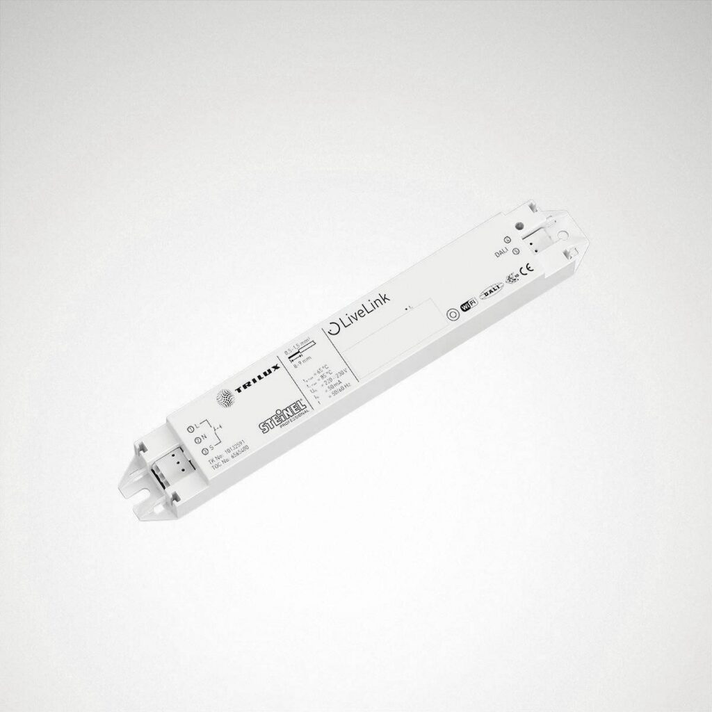 Vit kompakt LED-drivare med LiveLink, DALI och WiFi‑stöd för professionella armaturer, hög kvalitet och enkel installation från PROLJUS AB