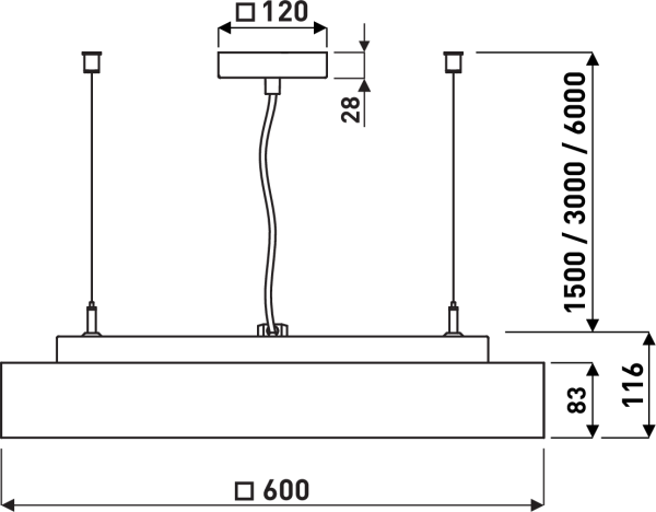 Ritning av hängande lampa med mått: 600x120 mm, hängande höjd 1500/3000/6000 mm, designad för modern inredning.