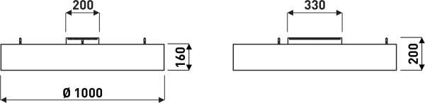 PROLJUS AB visar två takarmaturer i sidovy, vänster rund Ø1000 mm med höjd 160 mm och 200 mm monteringsbox, höger rektangulär armatur med höjd 200 mm och 330 mm monteringsbox, modern lågprofil för enkel installation och effektiv ljusspridning idealisk för kontor och offentliga miljöer