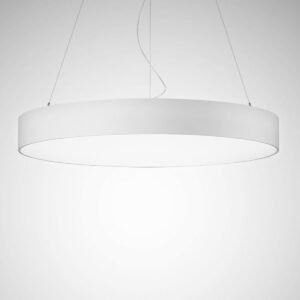 Stor rund vit upphängd LED-takpendel med slimmat ringformat hölje och jämnt nedåtriktat bländfritt ljus, idealisk för kontor, hotell och restaurangmiljöer från PROLJUS AB