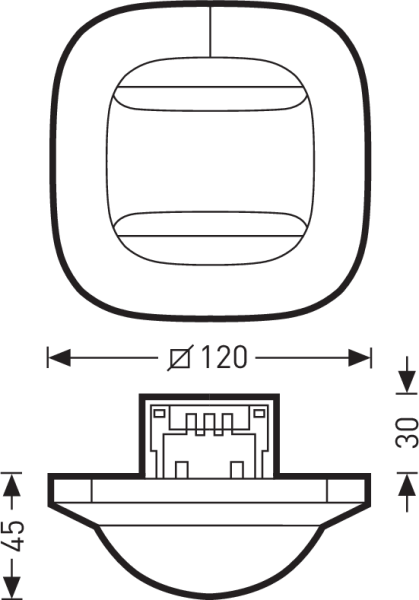Teknisk illustration av modern LED-armatur från PROLJUS AB i topp- och sidovy, rund ljuskälla med kvadratiskt rundad list, Ø120 mm monteringshål, låg profil 30 mm och installationsdjup cirka 45 mm, mjuk kupoldiffusor och integrerad kontaktmodul för snabb enkel infällning i tak, energieffektiv och stilren lösning för hem, kontor och offentliga miljöer
