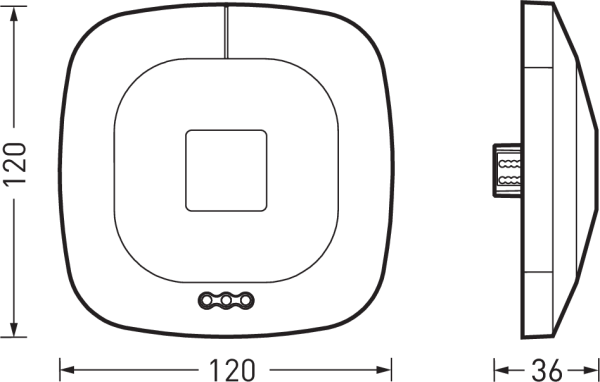 Modern kvadratisk LED-armatur med mjukt rundade hörn, front- och sidovy med angivna mått 120 × 120 × 36 mm, central insänkt ljusform och dold bakanslutning, stilren lågprofil för energieffektiv och diskret belysning från PROLJUS AB