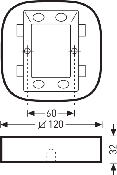 Teknisk skiss av infälld LED-armatur från PROLJUS AB visar rund yttre ram och rektangulärt innerelement med fyra ljuskällor, monteringshål och mått Ø120 mm, 60 mm mellan fästen och 32 mm inbyggnadsdjup, elegant energieffektiv och lättinstallerad lösning för professionell belysning