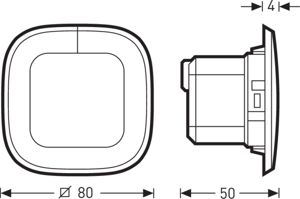 Teknisk skiss av en kompakt infälld fyrkantig LED-armatur från PROLJUS AB med rundade hörn, 80 mm yttre bredd, 50 mm infällningsdjup och tunn 4 mm ram, energieffektiv och stilren lösning för butiker och kontor