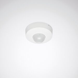 Takmonterad rund vit armatur med inbyggd kupolsensor från PROLJUS AB, modern och diskret design för energieffektiv belysning i kontor, trapphus och entréer
