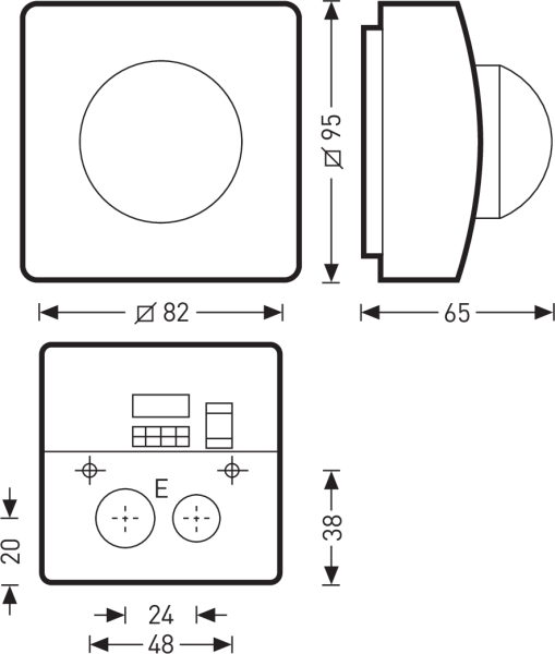 Teknisk ritning av kompakt kvadratisk armatur från PROLJUS AB med rund diffusor i mitten, vy framifrån, sida och bakifrån med måttangivelser Ø95 mm höjd, Ø82 mm frontbredd och djup 65 mm, baksida visar monteringsfästen och två genomföringar med centrumavstånd 48 mm för enkel installation, stilren modern design och energieffektiv LEDlösning som passar professionella installationer och återförsäljning
