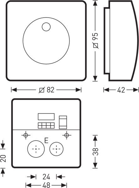 Måttsatt teknisk ritning av en kvadratisk väggarmatur från PROLJUS AB med rund mittdiffusor, låg profil och tydliga monteringsöppningar, stilren och energieffektiv lösning som är enkel att installera i bostads- och kommersiella miljöer