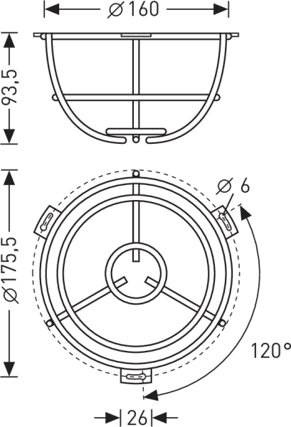 Måttsatt teknisk ritning av rund infälld armatur med skyddsgaller från PROLJUS AB, visande tvärsnitts- och top vy, innermått Ø160 mm, yttermått Ø175,5 mm, höjd 93,5 mm, tre monteringsfästen med Ø6 mm hål placerade 120° isär, robust metallkonstruktion för industrimässig och kommersiell belysning, enkel installation och hög kvalitet från PROLJUS AB