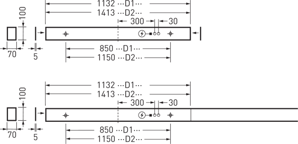 Teknisk skiss av två varianter av långa linjära LED-armaturer med mått och monteringsdetaljer som visar inbyggnad och ytmontage, energieffektiva högkvalitetslösningar för professionell belysning från PROLJUS AB