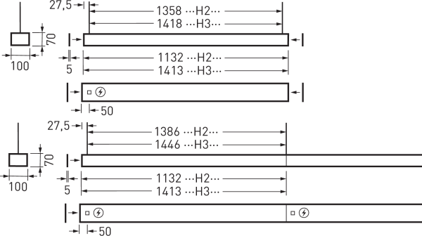 Teknisk skiss av PROLJUS linjära LED-armaturer i smal profil med flera längder och monteringsmått (H2 och H3), visar 100x70 mm tvärsnitt, alternativ med en eller två drivare markerade, enkel och modulär installation, energieffektiv belysning för kontor, butik och industri från PROLJUS AB