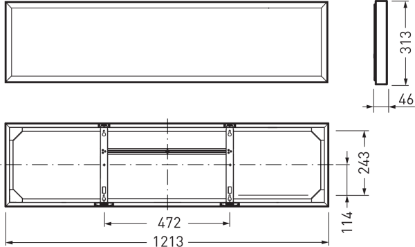 Teknisk ritning av PROLJUS AB:s slimline rektangulära LED-luminär med matt diffusor och avbländade hörn, total längd 1213 mm, fästöglornas mittavstånd 472 mm, höjd 313 mm och djup 46 mm, inre bärprofiler och monteringsdetaljer, energieffektiv och enkel att installera, idealisk för kontor, butik och industriella miljöer