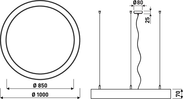 Ritning över rund upphängd LED-armatur från PROLJUS AB med ytterdiameter 1000 mm och innerdiameter 850 mm, 70 mm hög armaturplatta, tre upphängningskablar och takkopp Ø80 med 25 mm höjd, justerbar, energieffektiv och modern design för kontor och offentliga miljöer