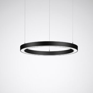 Modern svart ringformad taklampa i minimalistisk stil, upphängd mot en vit bakgrund. Perfekt för stilren inredning.