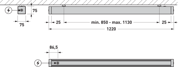 Teknisk skiss av PROLJUS ABs moderna LED-takarmatur i rektangulärt lågprofilsutförande, justerbar längd 850–1130 mm med total 1220 mm, monteringsdjup 86,5 mm och 75 mm från vägg, illustrerar enkel montering, energieffektiv drift och robust kvalitet som passar kontor, butik och verkstad från PROLJUS AB