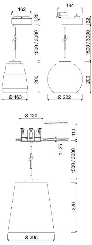 Ritning av tre pendellampor från PROLJUS AB i olika utföranden: liten cylindrisk modell Ø163 × 200 mm, klotformad modell Ø222 × 200 mm och konisk modell Ø295 × 320 mm, alla med justerbar upphängning 1500/3000 mm och detaljerade takfästen och måttangivelser. Stilren, professionell belysning för hem, butik och hotell, kvalitet från PROLJUS AB