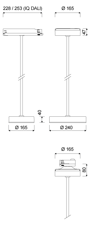 Teknisk ritning av cylindrisk takpendel från PROLJUS AB, tre vyer visar rund takkåpa Ø165 mm, pendelstativ med justerbar längd, armaturhus i två bredder Ø165 och Ø240 mm och låga profiler 47 och 80 mm, alternativ för IQ DALI med längd 228/253 mm, stilren modern design för butik, kontor och heminredning, enkel installation och professionell kvalitet från PROLJUS AB