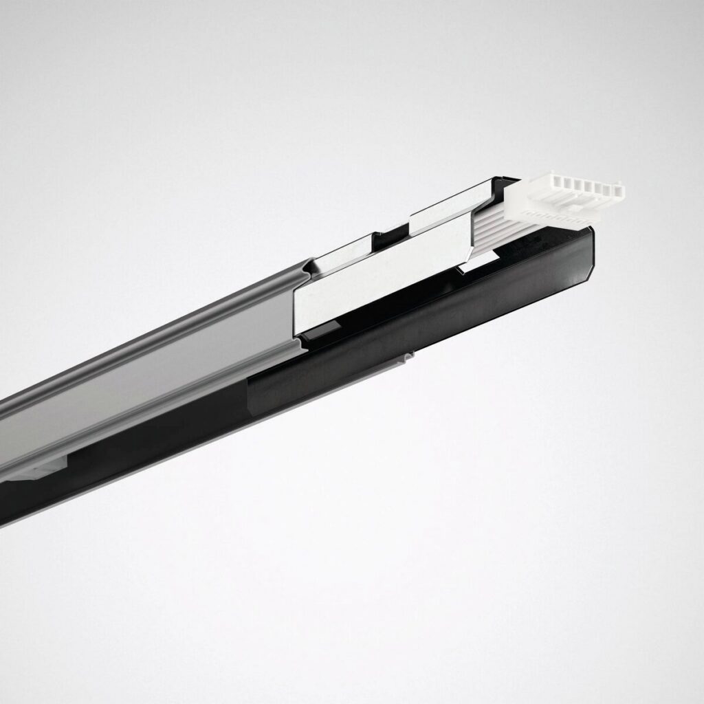 Strömskena i svart aluminium med kontaktände för LED spårbelysning, takmonterad belysningsskena.