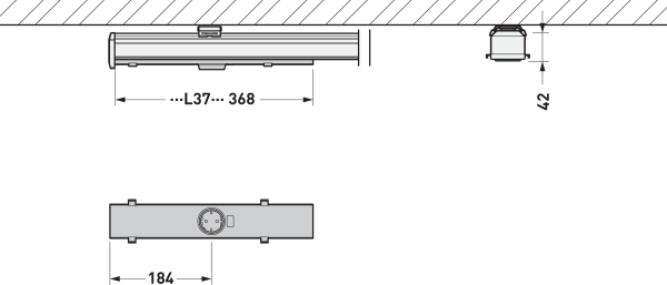 Teknisk ritning av dörrstängare: höjd 42 mm, längd upp till 368 mm och 184 mm mellan fästen.