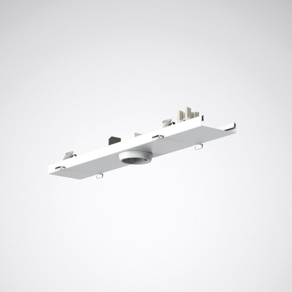 Vit takmodul med integrerad rörelsesensor och clips – monteringsplåt för smart LED-belysning, produktfoto.