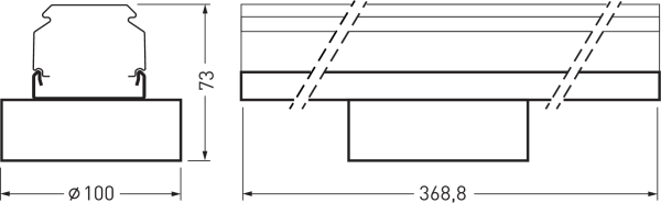 Måttskiss infälld downlight: håldiameter Ø100 mm, installationsdjup 73 mm, armaturlängd 368,8 mm.
