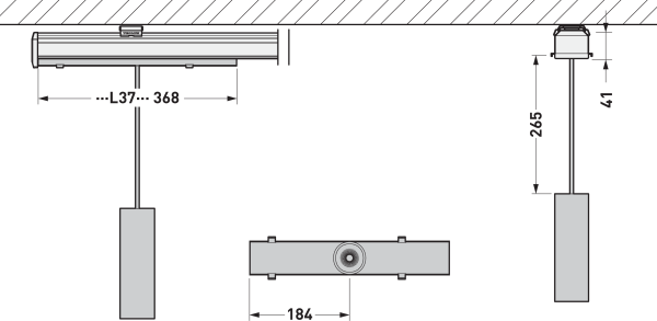 Måttskiss: takmonterad sensor/modul på skena med pendel, L37–368 mm, djup 41 mm, höjd 265 mm, bredd 184 mm.