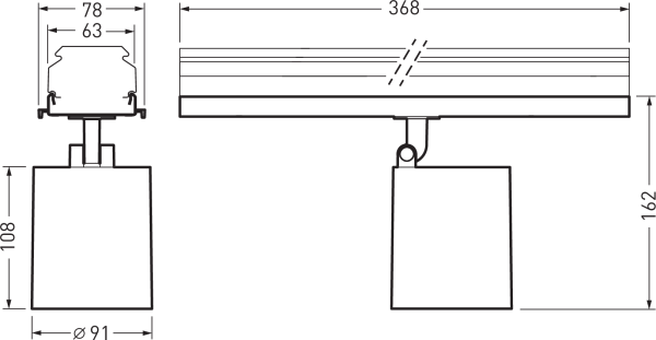 Teknisk ritning av takmonterad skenspotlight – mått 368×162 mm, spot ø91 mm, armaturhöjd 108 mm.