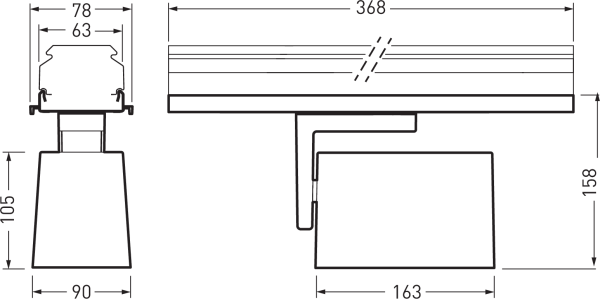 Teknisk ritning av spotlight för skena, mått: 368x158 mm, arm 163 mm, huvud 90x105 mm, skenbredd 78/63 mm.