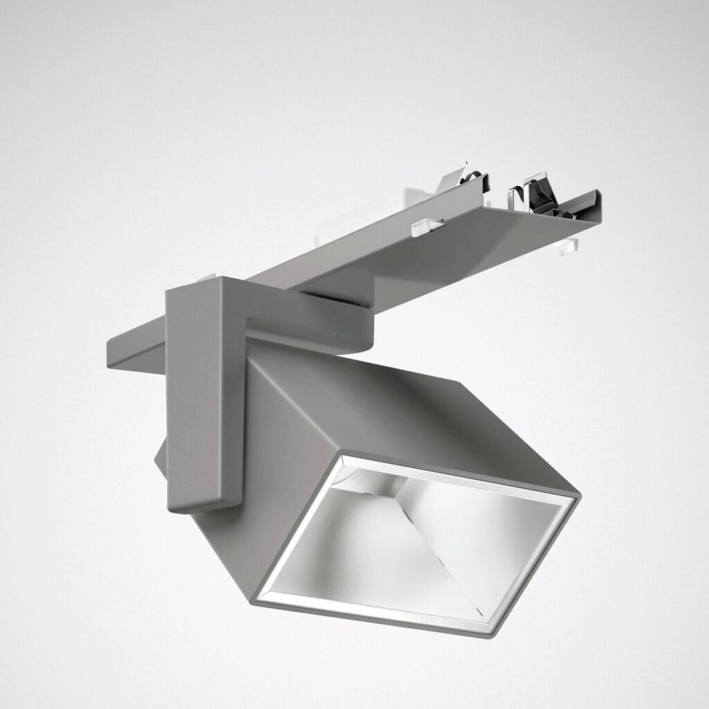 Justerbar fyrkantig LED spotlight för skensystem, grå aluminium – modern takspot för butik och showroom.