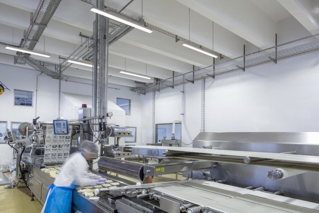 Takarmaturer från PROLJUS AB sprider ett jämnt, bländfritt arbetsljus i en modern livsmedelsfabrik och förbättrar säkerhet, produktivitet och energieffektivitet