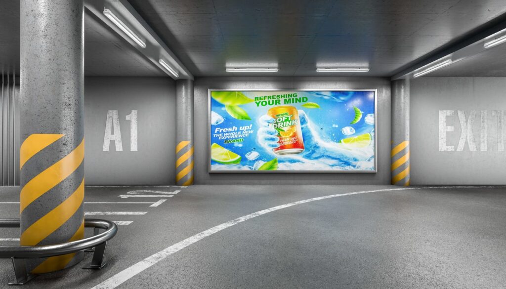 Parkeringsgarage upplyst av flera långa takarmaturer med LED-lysrör som ger jämnt, bländfritt vitt ljus och förbättrad säkerhet, välj energieffektiva armaturer från PROLJUS AB