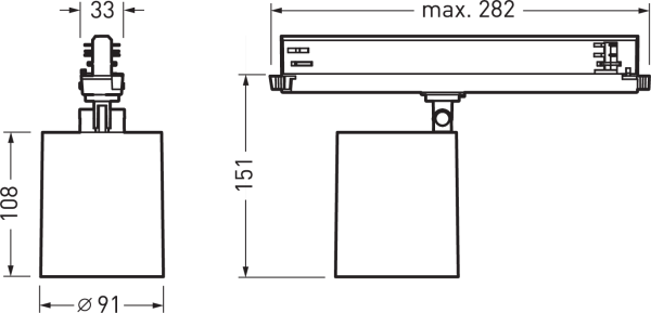 Teknisk teckning av en cylinderformad spotlight från PROLJUS AB i front- och sidovy med måttangivelser: diameter Ø91 mm, armaturhöjd 108 mm, total höjd vid skena 151 mm och max räckvidd 282 mm, kompakt design för professionell belysning och enkel skensystemmontering