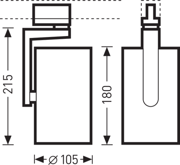 Teknisk ritning av en elegant, högkvalitativ rund spotarmatur i två vyer som visar 215 mm totalhöjd, 180 mm armaturkropp och Ø105 mm ljusöppning, perfekt för PROLJUS AB:s professionella belysningssortiment