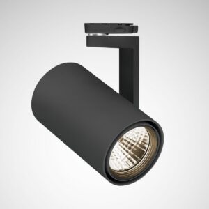 Svart cylinderformad skenspotlight med justerbar arm och guldtonad reflektor, energieffektiv och stilren belysning perfekt för butik, galleri och hem från PROLJUS AB