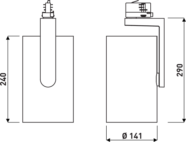 Teknisk linjeritning av PROLJUS högkvalitativ LED-armatur i två vyer, framsida visar cylindrisk kropp med smal infäst stjälk upptill, sida visar justerbart väggfäste med överhäng, markerade mått 240 mm kroppshöjd, 290 mm totalhöjd med fäste och Ø141 mm diameter, modern industriell design idealisk för butik, galleri och kontorsbelysning med energieffektiv drift och enkel installation