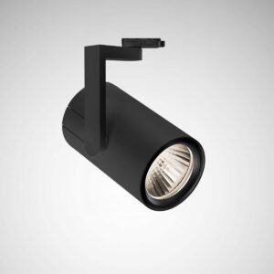 Svart cylindrisk spårlampa från PROLJUS AB med justerbar arm och djup reflektorlins, stilren matt finish och kraftfull LED-belysning för butik, gallerier och professionella miljöer