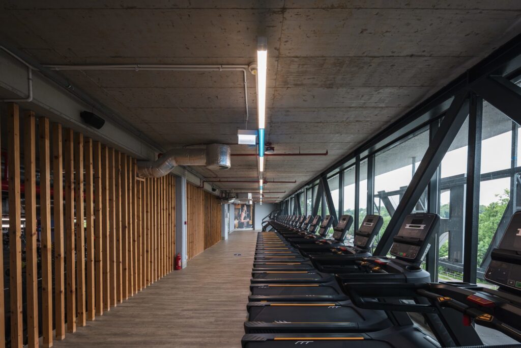 Linjära LED-takarmaturer från PROLJUS AB i ett modernt gym ger jämnt, bländfritt ljus längs en lång rad löpband och framhäver råa betongtak och träpaneler, kontakta PROLJUS AB för energieffektiva och skräddarsydda luminärlösningar